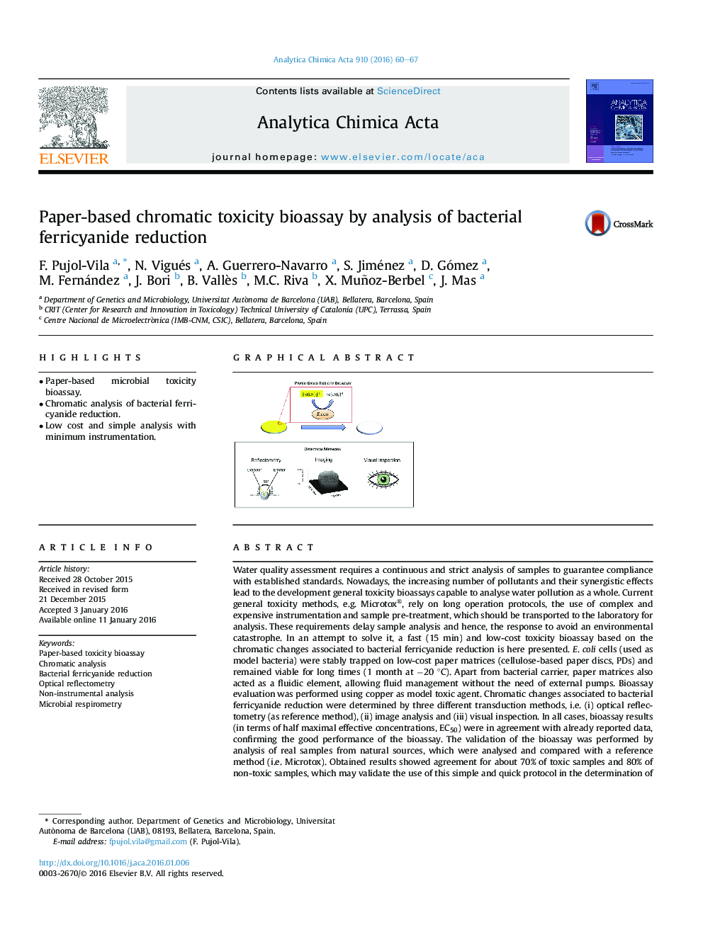 Paper-based chromatic toxicity bioassay by analysis of bacterial ferricyanide reduction