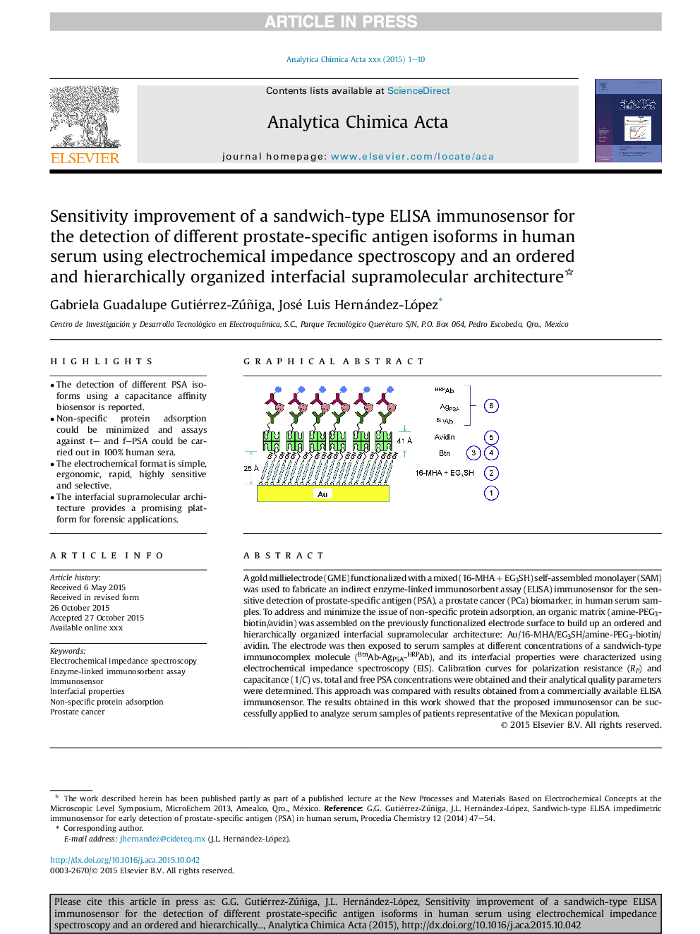 Sensitivity improvement of a sandwich-type ELISA immunosensor for the detection of different prostate-specific antigen isoforms in human serum using electrochemical impedance spectroscopy and an ordered and hierarchically organized interfacial supramolecu