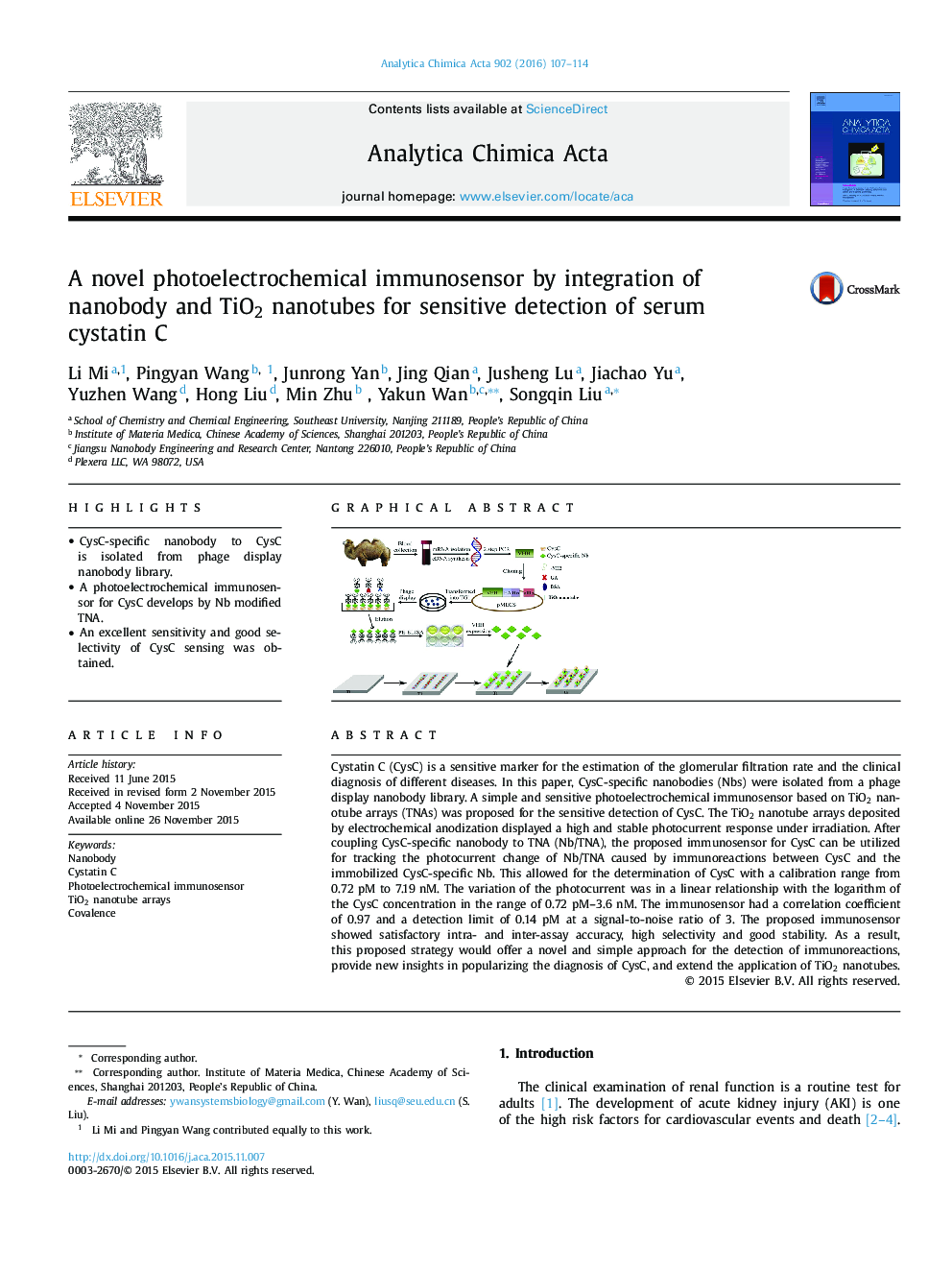 A novel photoelectrochemical immunosensor by integration of nanobody and TiO2 nanotubes for sensitive detection of serum cystatin C