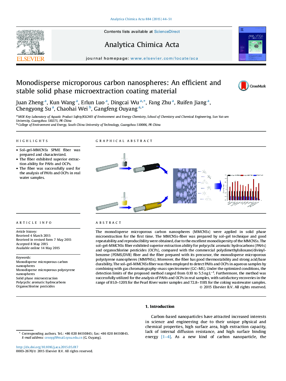 Monodisperse microporous carbon nanospheres: An efficient and stable solid phase microextraction coating material