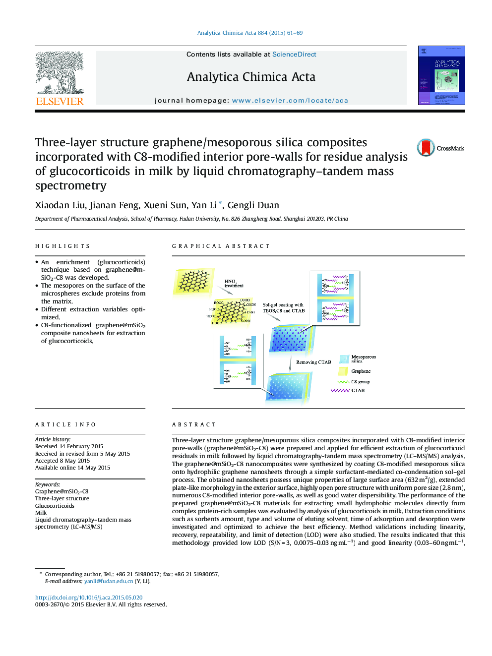 Three-layer structure graphene/mesoporous silica composites incorporated with C8-modified interior pore-walls for residue analysis of glucocorticoids in milk by liquid chromatography–tandem mass spectrometry