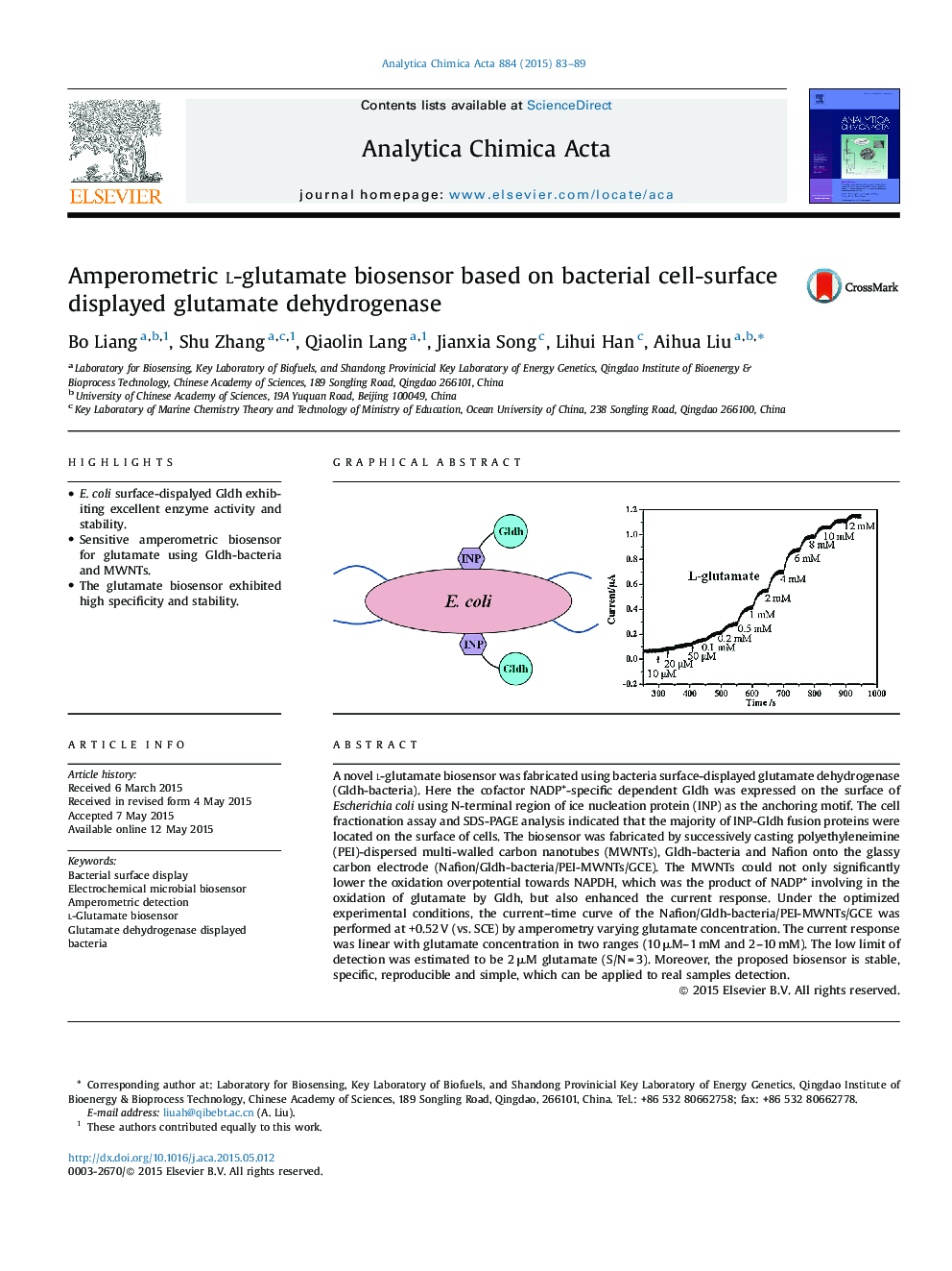 Amperometric l-glutamate biosensor based on bacterial cell-surface displayed glutamate dehydrogenase