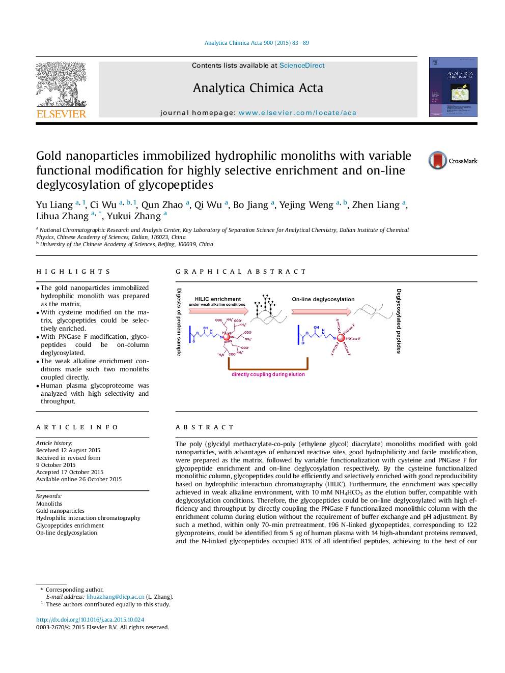 Gold nanoparticles immobilized hydrophilic monoliths with variable functional modification for highly selective enrichment and on-line deglycosylation of glycopeptides