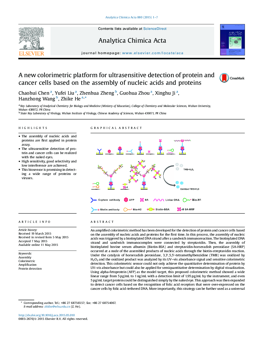 A new colorimetric platform for ultrasensitive detection of protein and cancer cells based on the assembly of nucleic acids and proteins