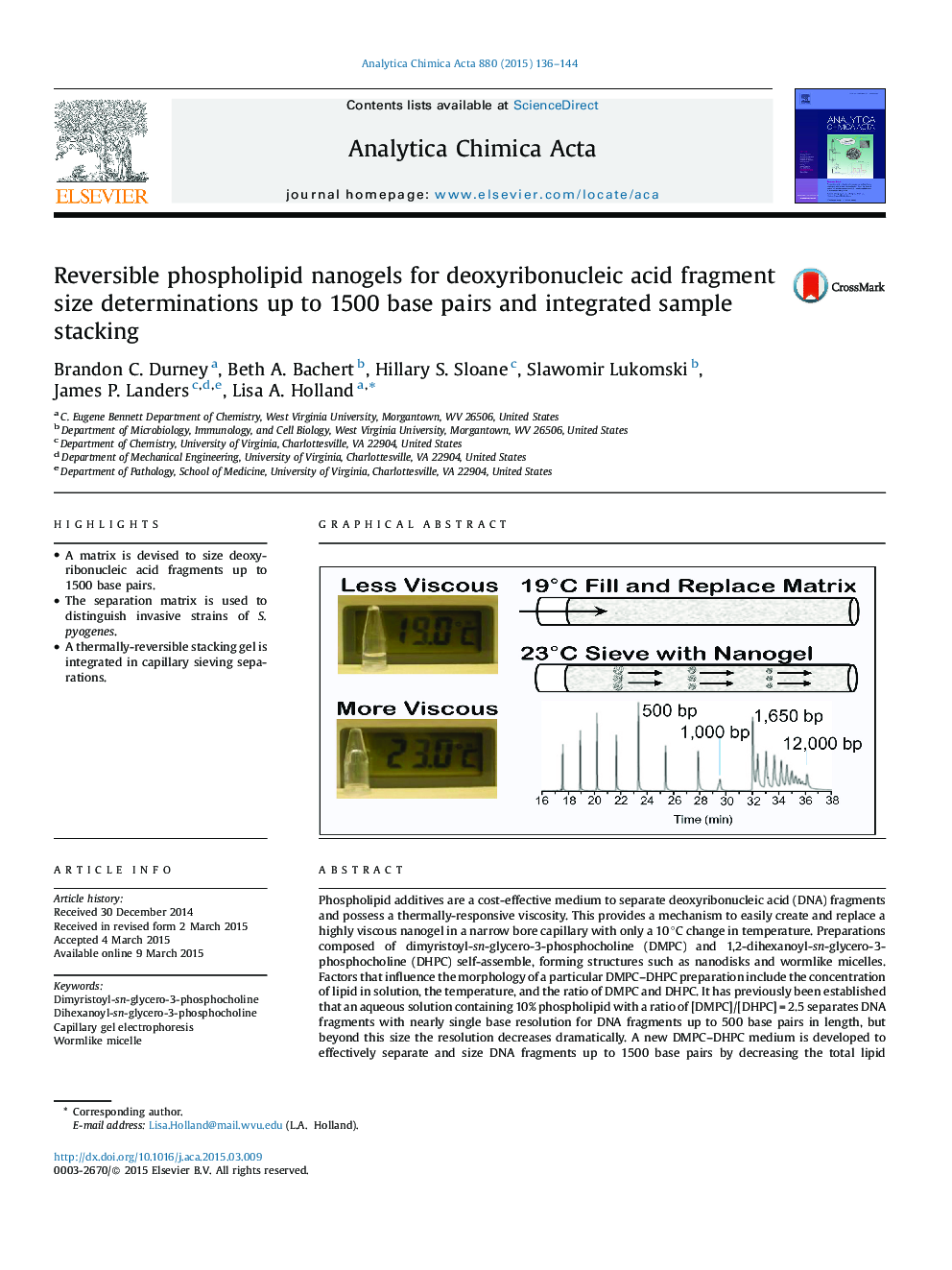 Reversible phospholipid nanogels for deoxyribonucleic acid fragment size determinations up to 1500 base pairs and integrated sample stacking