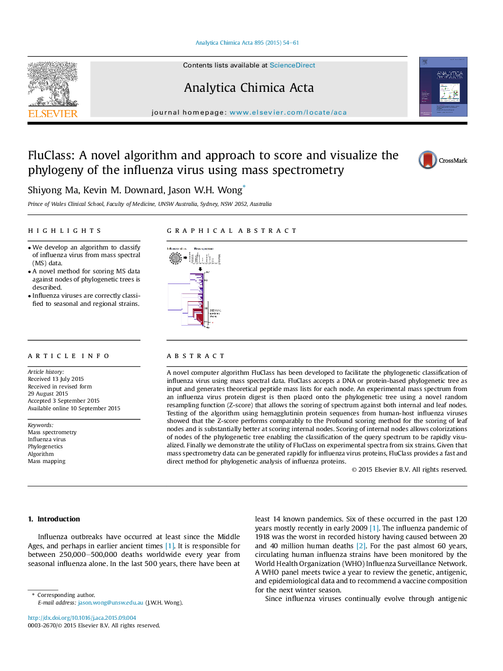 FluClass: A novel algorithm and approach to score and visualize the phylogeny of the influenza virus using mass spectrometry