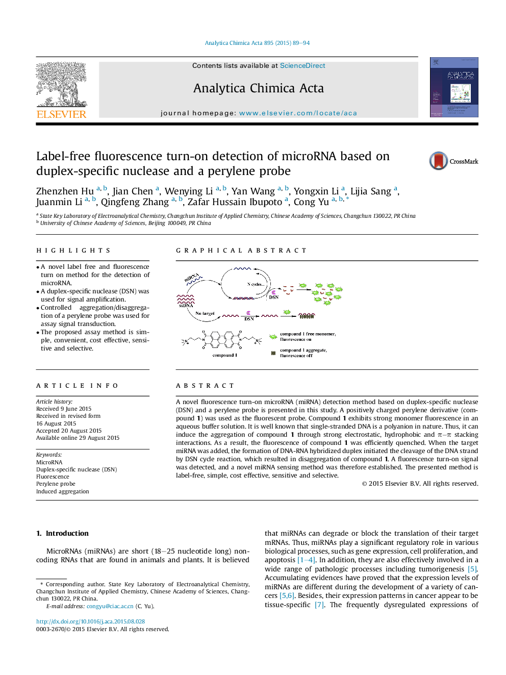 Label-free fluorescence turn-on detection of microRNA based on duplex-specific nuclease and a perylene probe