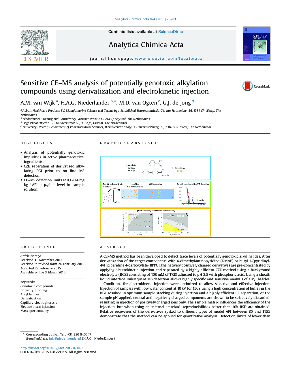 Sensitive CE–MS analysis of potentially genotoxic alkylation compounds using derivatization and electrokinetic injection