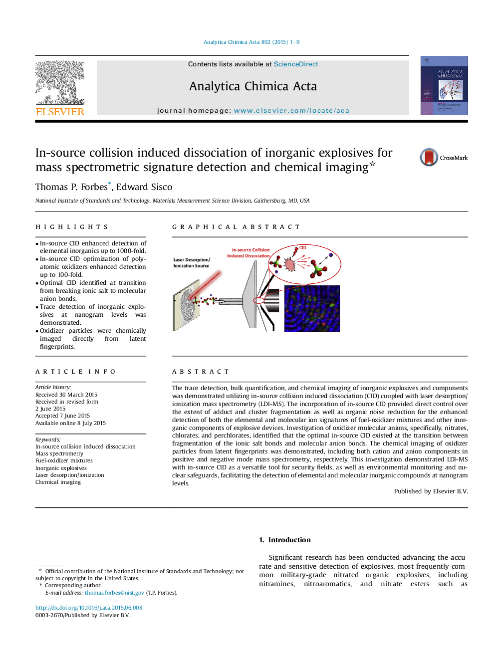 In-source collision induced dissociation of inorganic explosives for mass spectrometric signature detection and chemical imaging 