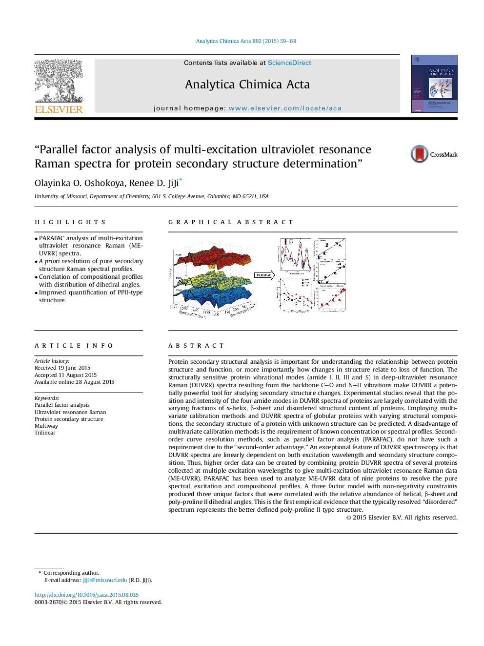 “Parallel factor analysis of multi-excitation ultraviolet resonance Raman spectra for protein secondary structure determination”