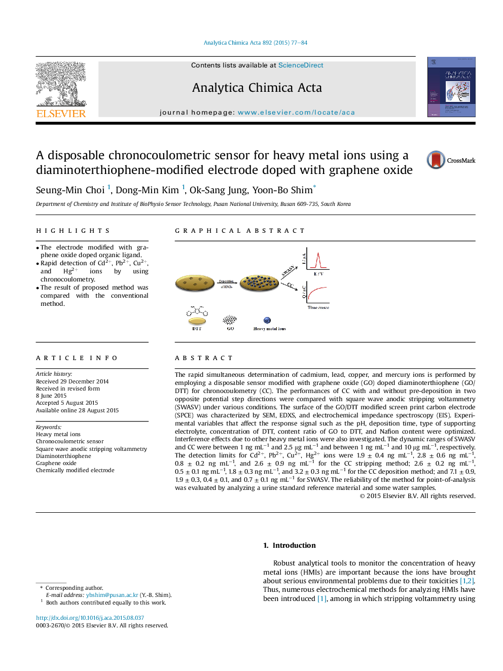 یک سنسور کرونوکولومتری یکبار مصرف برای یونهای فلز سنگین با استفاده از یک الکترود اصلاح شده با دیامینوتریتیوفن با اکسید گرافین 