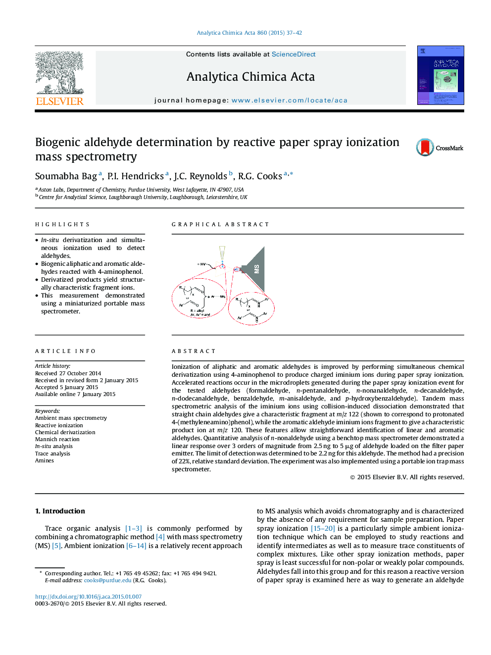 Biogenic aldehyde determination by reactive paper spray ionization mass spectrometry