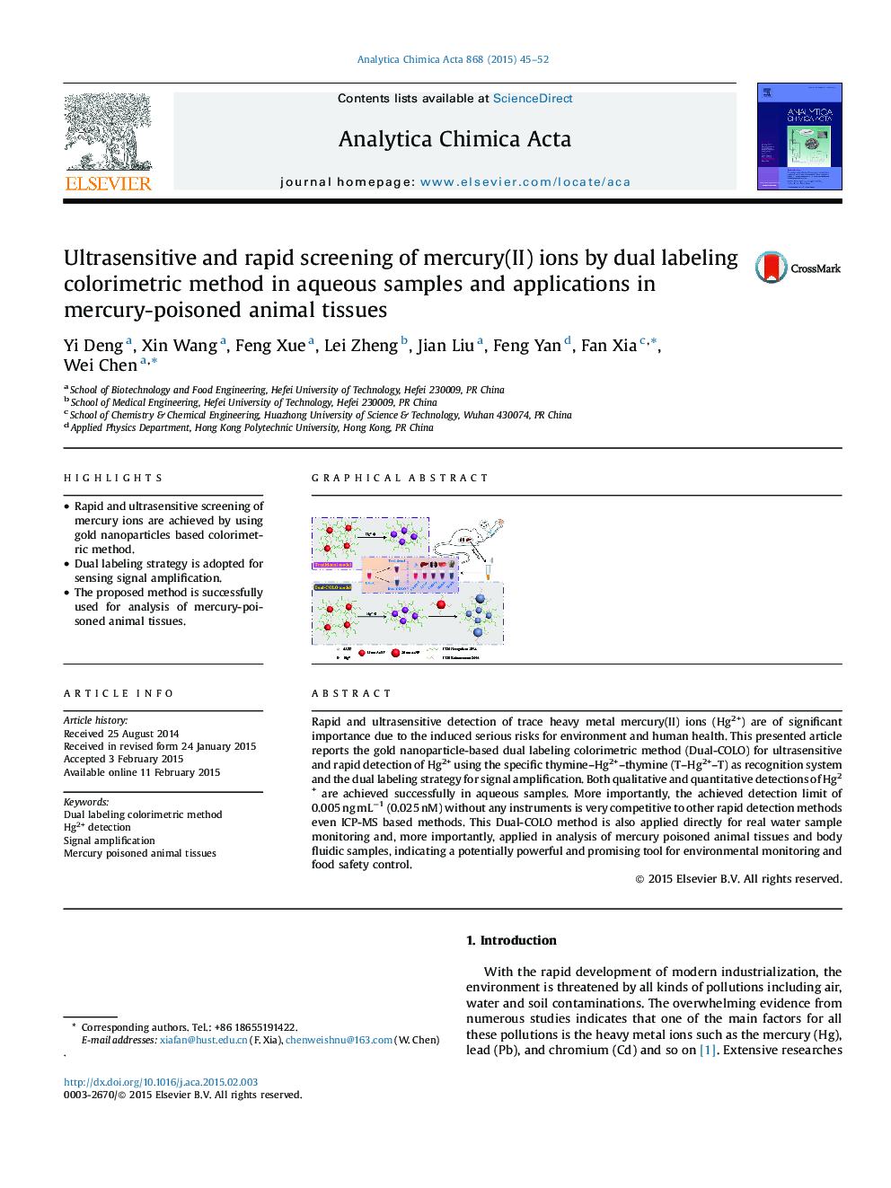 Ultrasensitive and rapid screening of mercury(II) ions by dual labeling colorimetric method in aqueous samples and applications in mercury-poisoned animal tissues