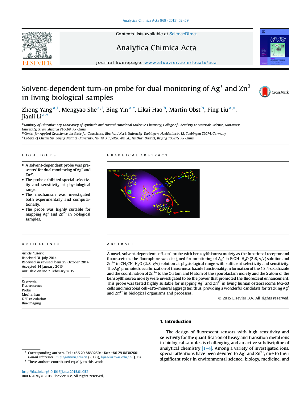 Solvent-dependent turn-on probe for dual monitoring of Ag+ and Zn2+ in living biological samples