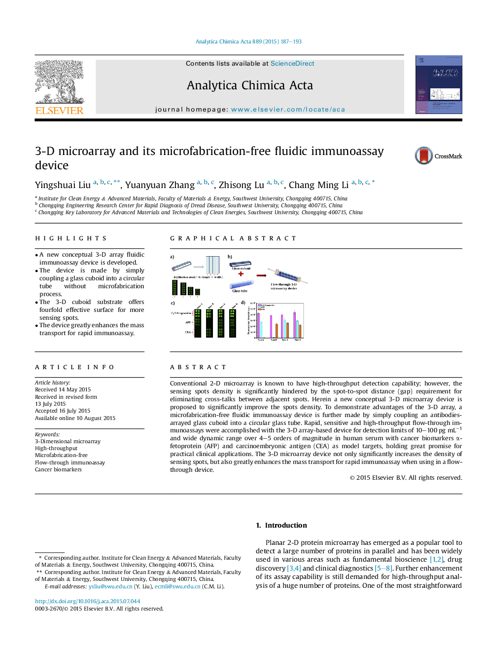 3-D microarray and its microfabrication-free fluidic immunoassay device