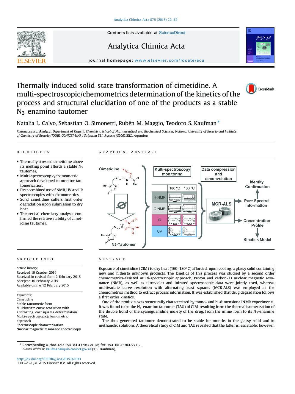 Thermally induced solid-state transformation of cimetidine. A multi-spectroscopic/chemometrics determination of the kinetics of the process and structural elucidation of one of the products as a stable N3-enamino tautomer
