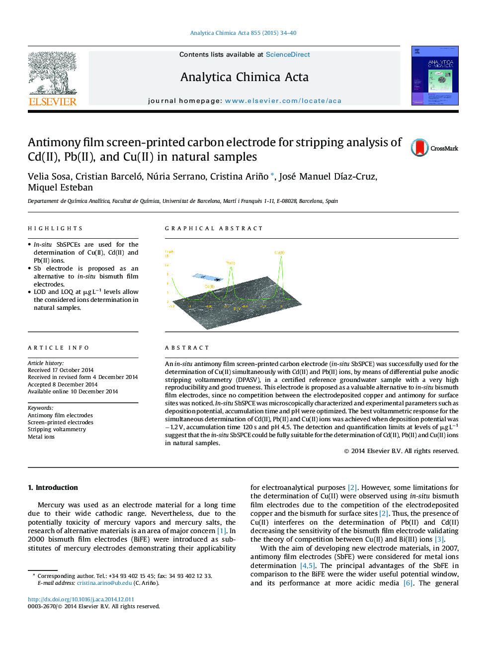 Antimony film screen-printed carbon electrode for stripping analysis of Cd(II), Pb(II), and Cu(II) in natural samples