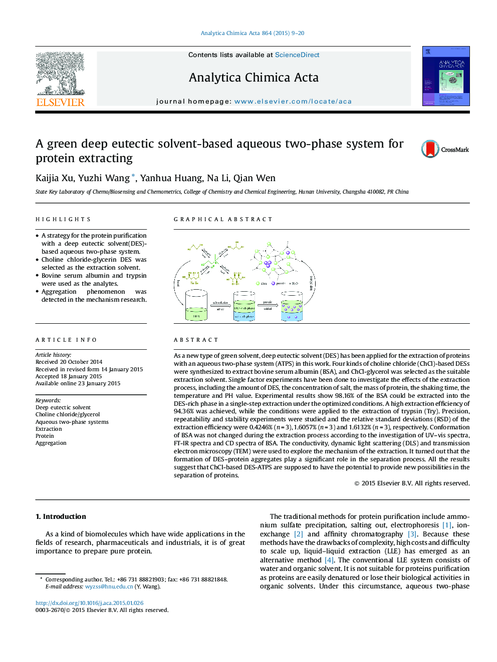 A green deep eutectic solvent-based aqueous two-phase system for protein extracting