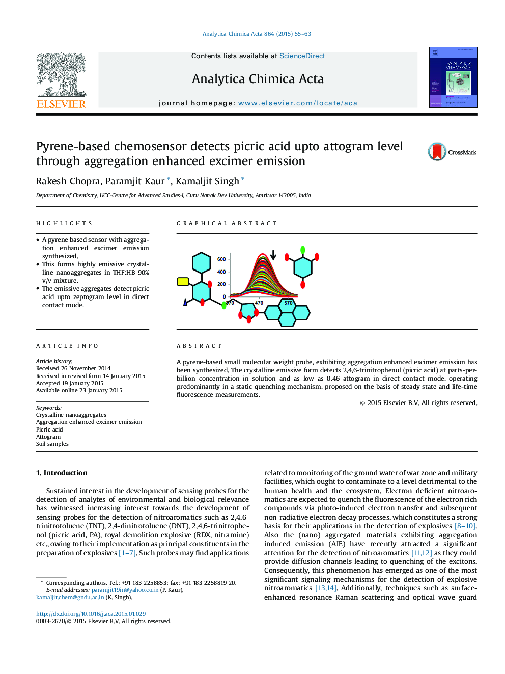 Pyrene-based chemosensor detects picric acid upto attogram level through aggregation enhanced excimer emission