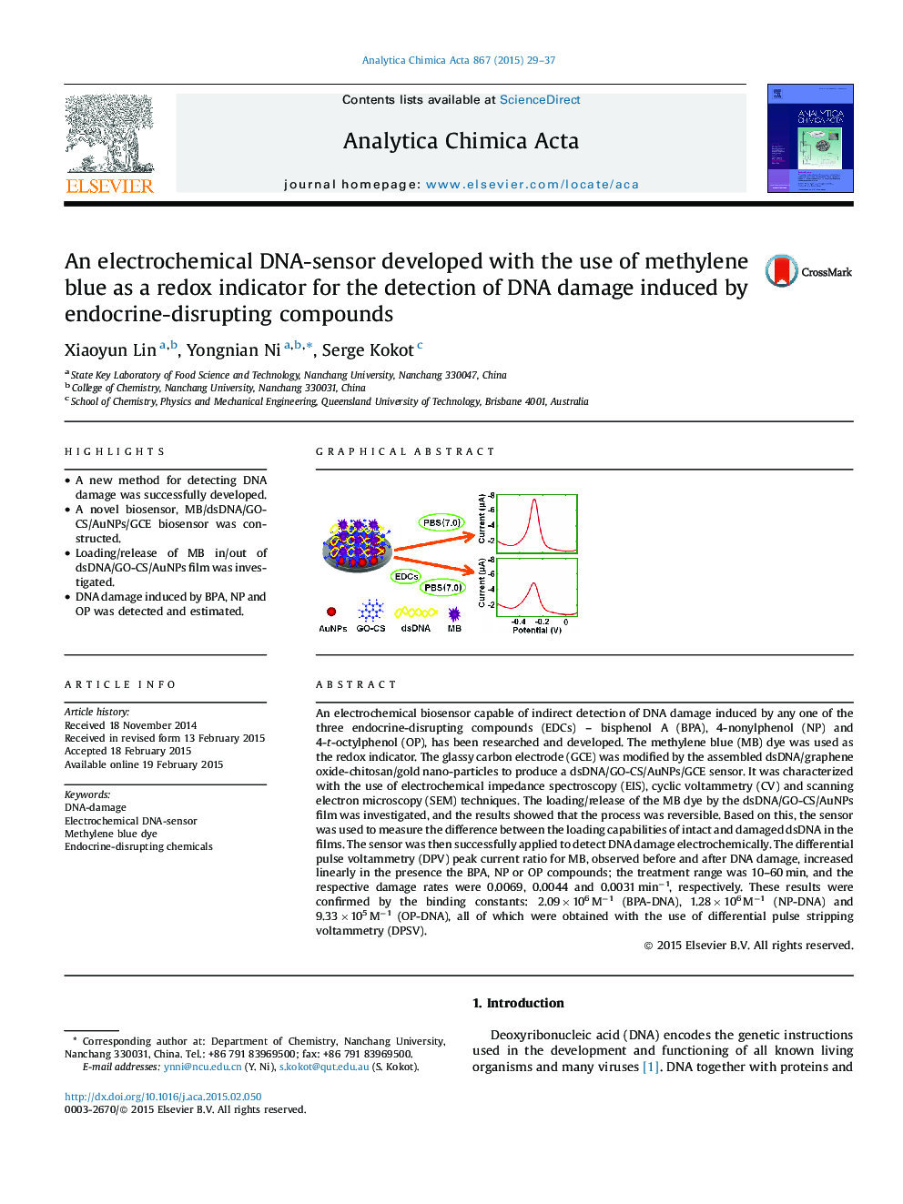 An electrochemical DNA-sensor developed with the use of methylene blue as a redox indicator for the detection of DNA damage induced by endocrine-disrupting compounds