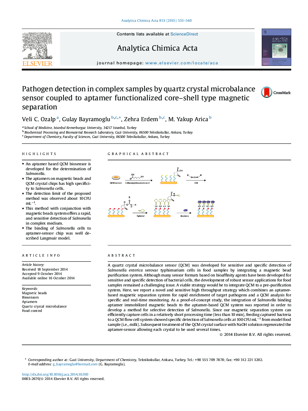 تشخیص پاتوژن در نمونه های پیچیده با استفاده از سنسور میکروالیبال کریستال کوارتز همراه با اپلامر عامل جداسازی مغناطیسی 