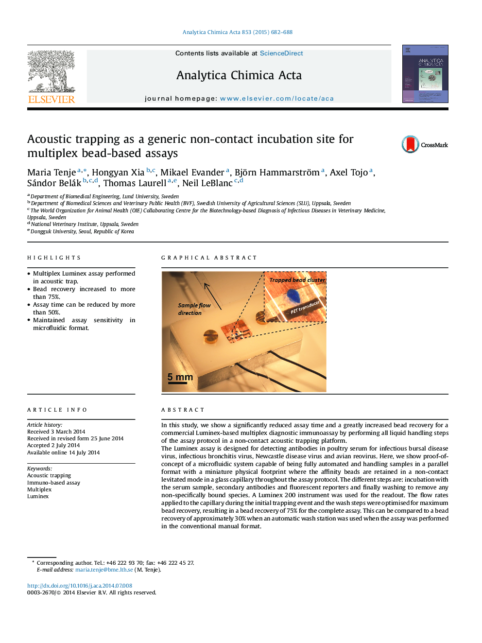 Acoustic trapping as a generic non-contact incubation site for multiplex bead-based assays