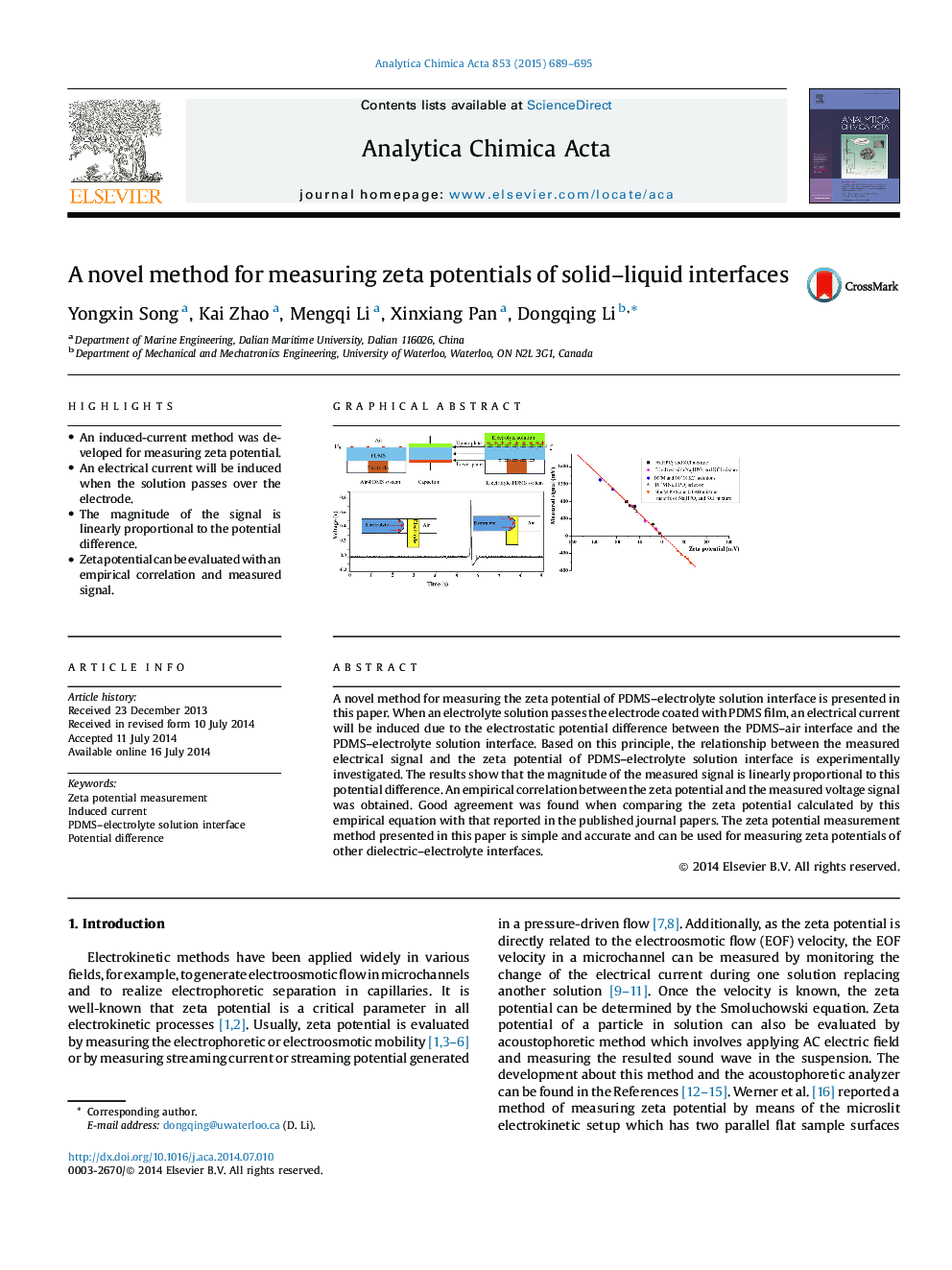 A novel method for measuring zeta potentials of solid–liquid interfaces