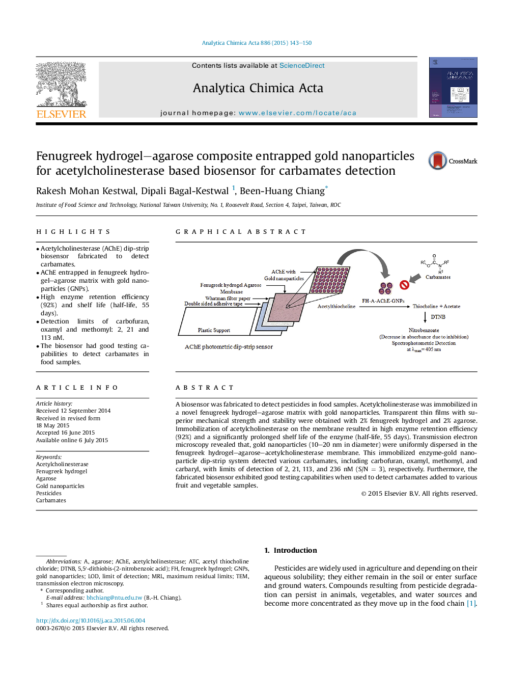 Fenugreek hydrogel–agarose composite entrapped gold nanoparticles for acetylcholinesterase based biosensor for carbamates detection