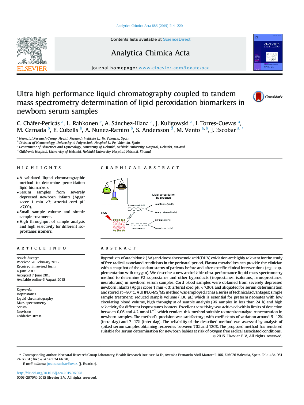 Ultra high performance liquid chromatography coupled to tandem mass spectrometry determination of lipid peroxidation biomarkers in newborn serum samples