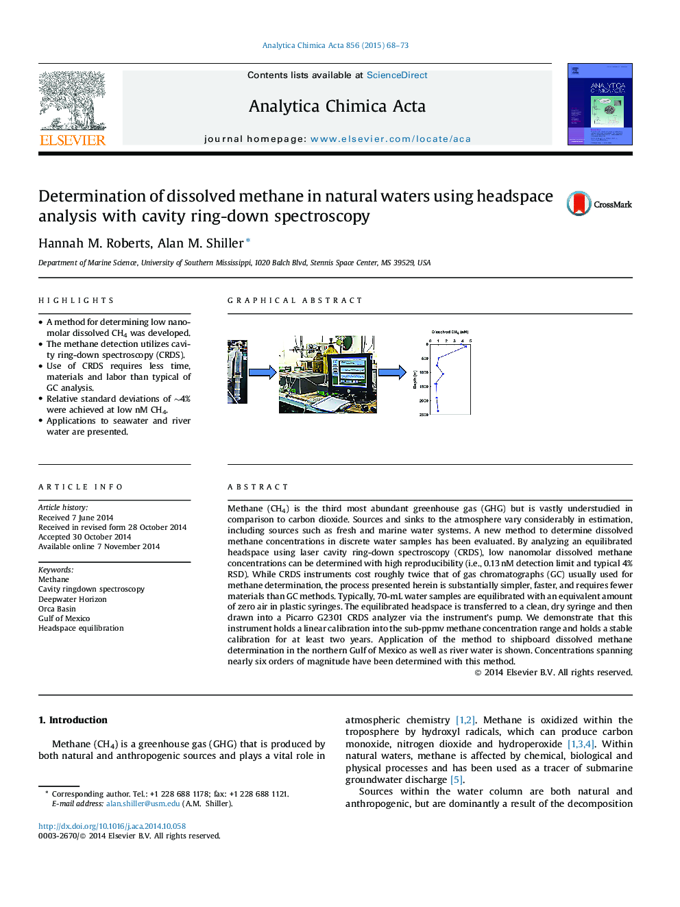 Determination of dissolved methane in natural waters using headspace analysis with cavity ring-down spectroscopy