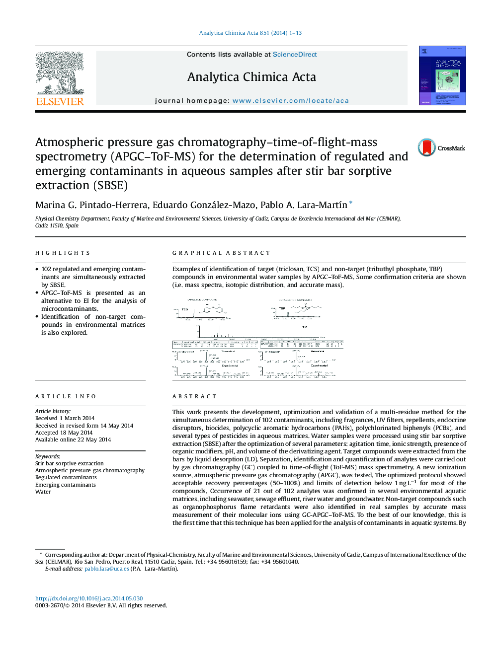 Atmospheric pressure gas chromatography–time-of-flight-mass spectrometry (APGC–ToF-MS) for the determination of regulated and emerging contaminants in aqueous samples after stir bar sorptive extraction (SBSE)