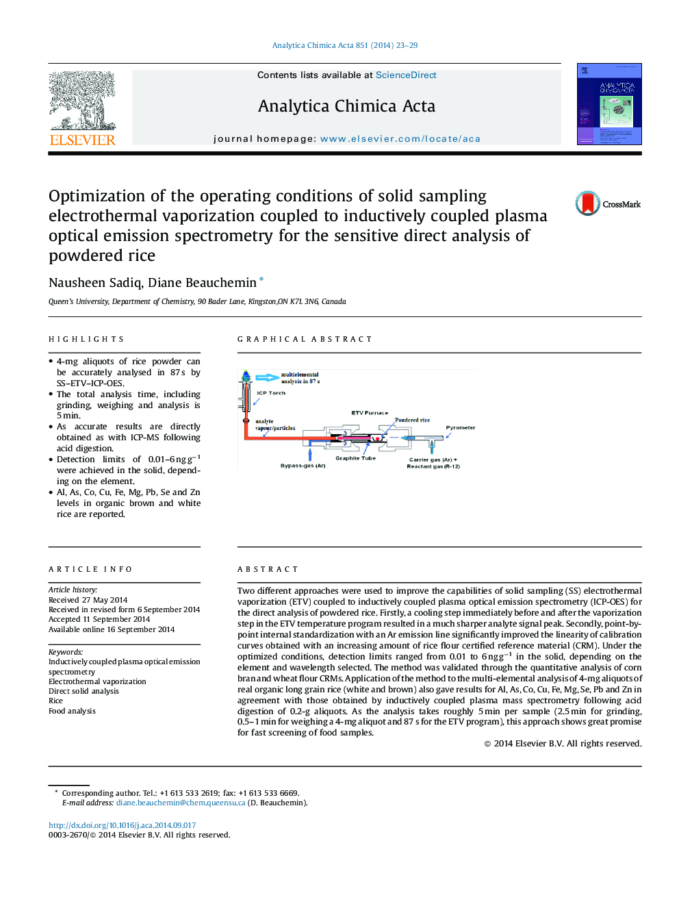 Optimization of the operating conditions of solid sampling electrothermal vaporization coupled to inductively coupled plasma optical emission spectrometry for the sensitive direct analysis of powdered rice