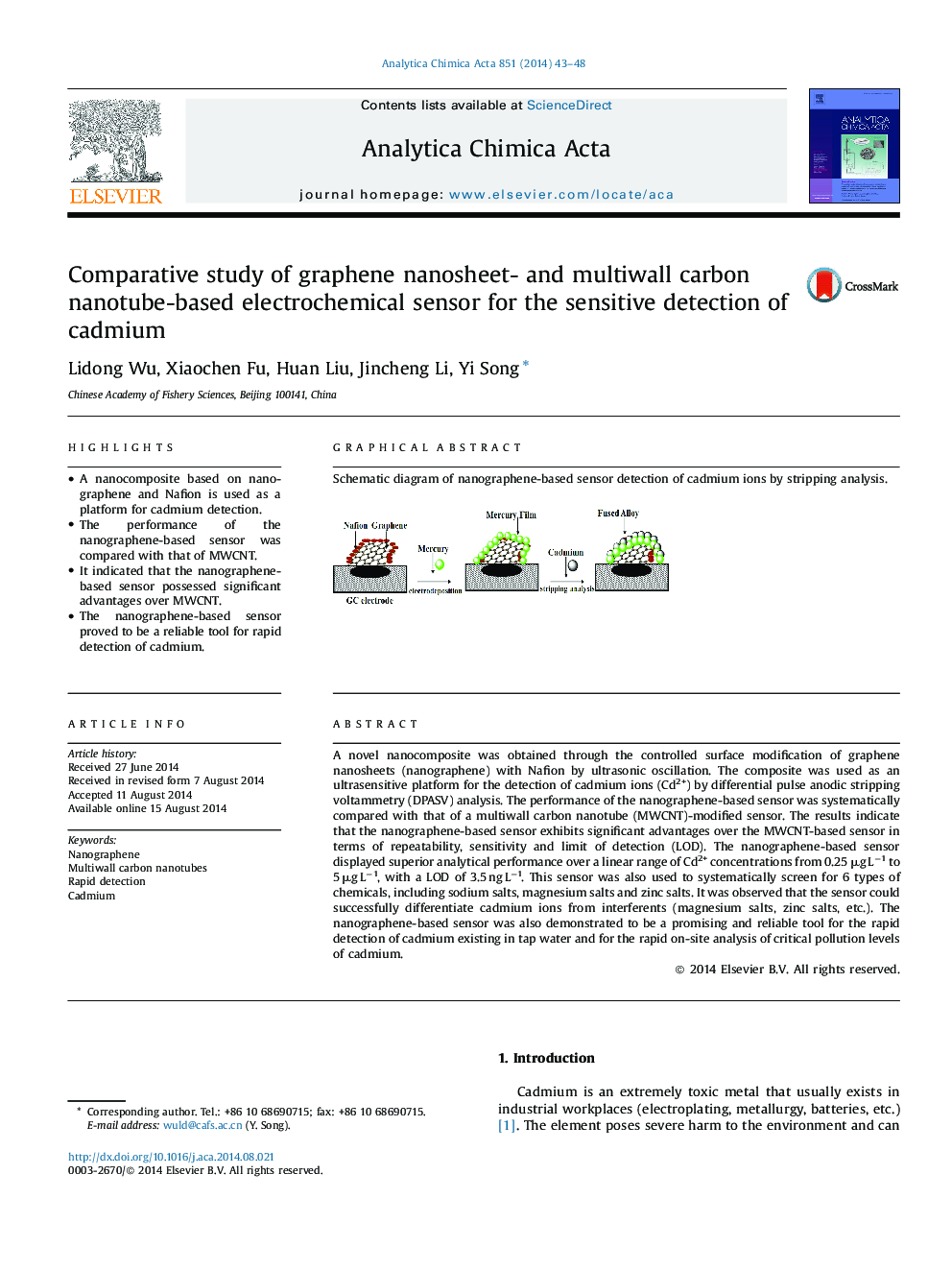 Comparative study of graphene nanosheet- and multiwall carbon nanotube-based electrochemical sensor for the sensitive detection of cadmium