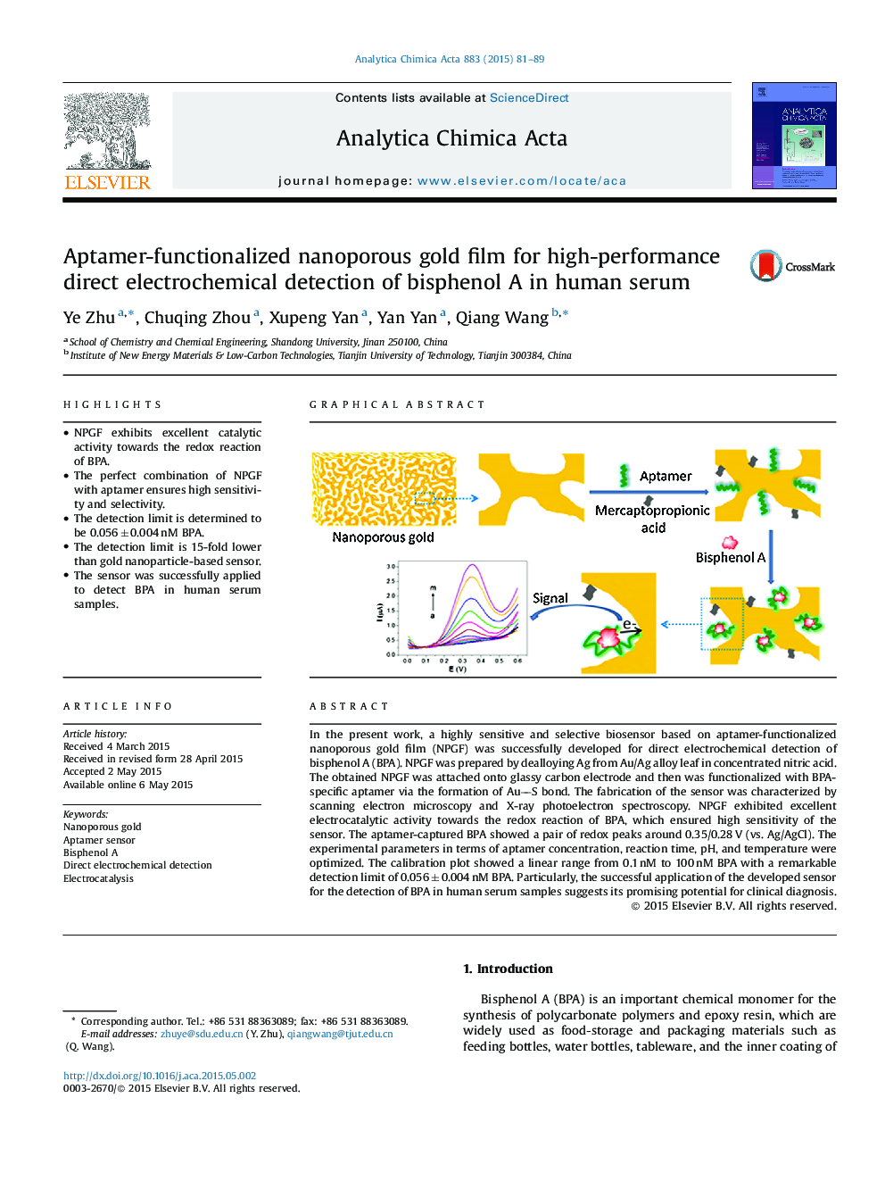 Aptamer-functionalized nanoporous gold film for high-performance direct electrochemical detection of bisphenol A in human serum