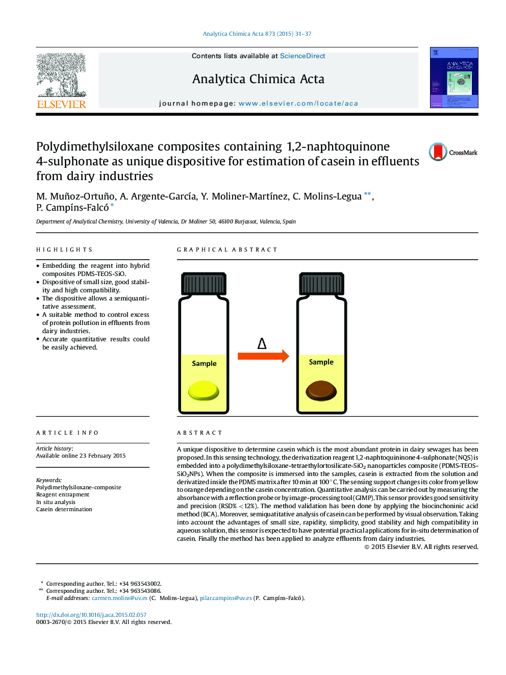 Polydimethylsiloxane composites containing 1,2-naphtoquinone 4-sulphonate as unique dispositive for estimation of casein in effluents from dairy industries