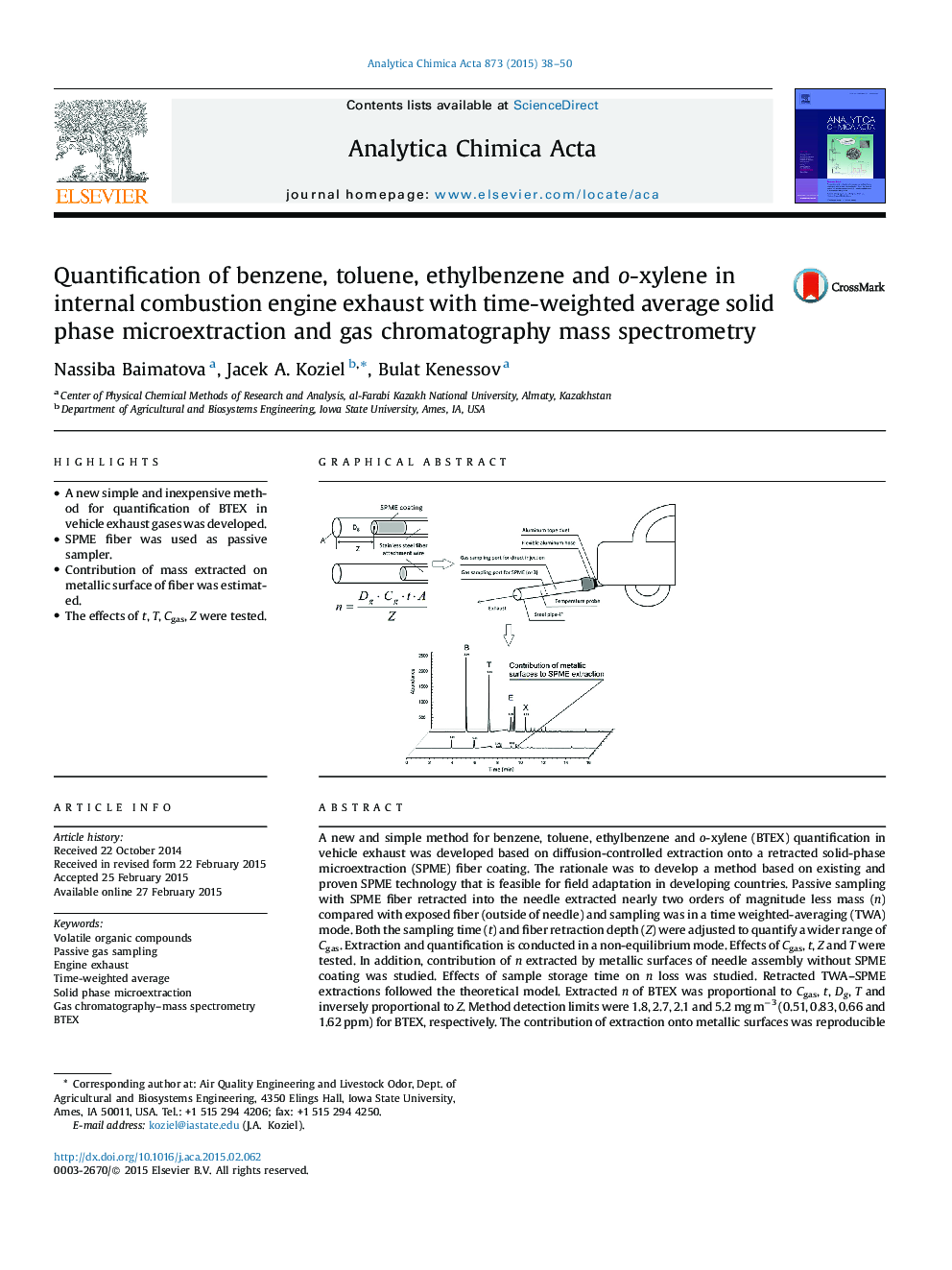 Quantification of benzene, toluene, ethylbenzene and o-xylene in internal combustion engine exhaust with time-weighted average solid phase microextraction and gas chromatography mass spectrometry