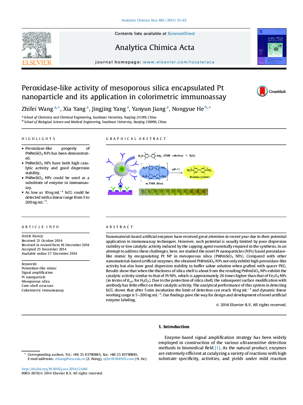 Peroxidase-like activity of mesoporous silica encapsulated Pt nanoparticle and its application in colorimetric immunoassay