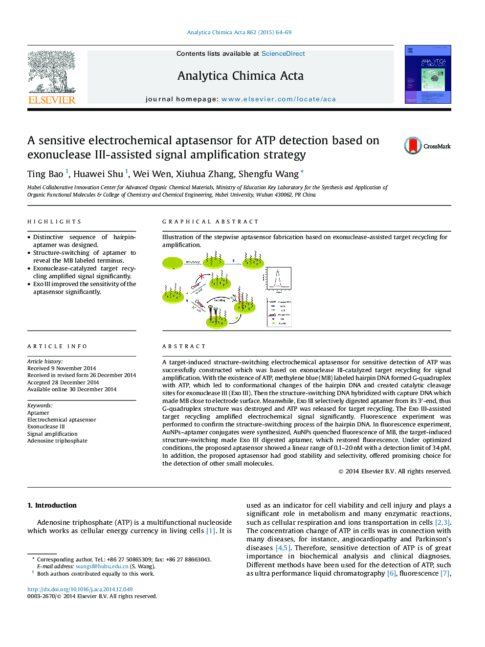 A sensitive electrochemical aptasensor for ATP detection based on exonuclease III-assisted signal amplification strategy