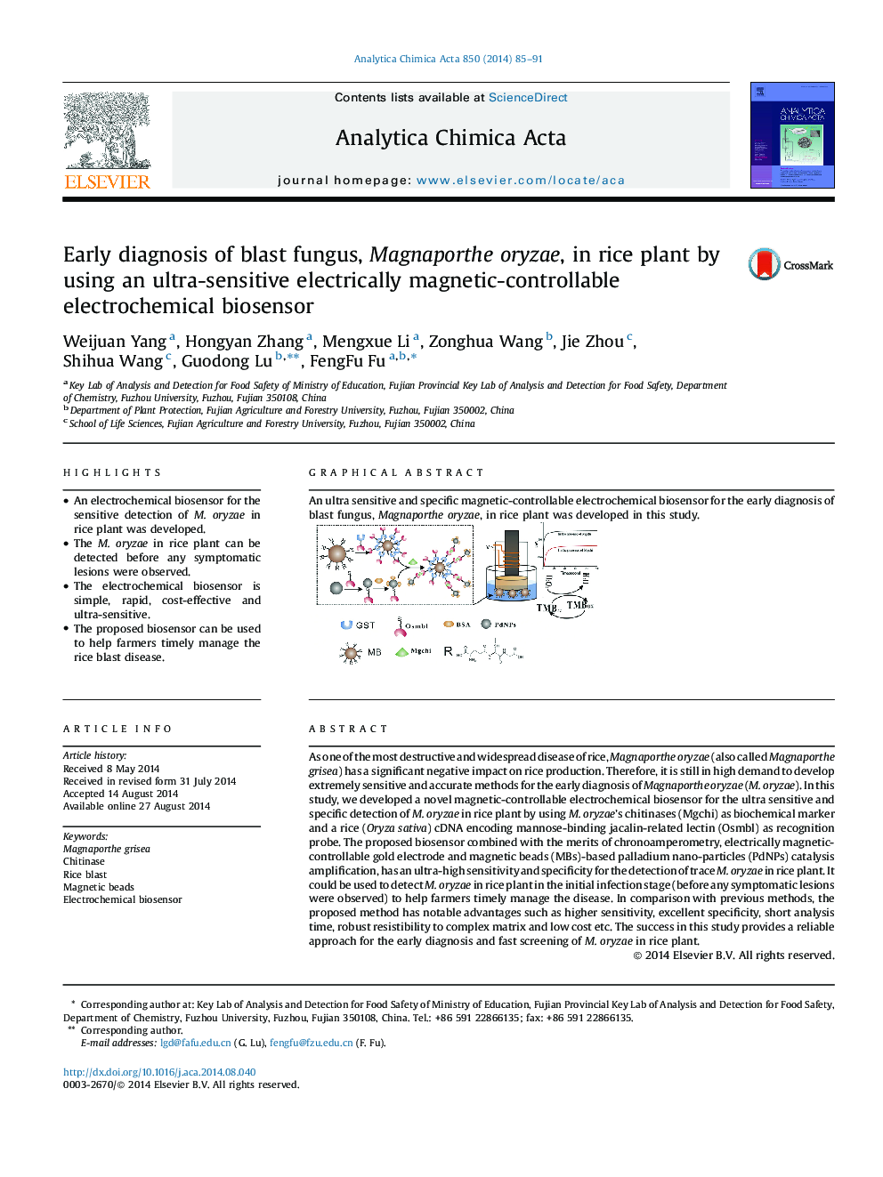 Early diagnosis of blast fungus, Magnaporthe oryzae, in rice plant by using an ultra-sensitive electrically magnetic-controllable electrochemical biosensor