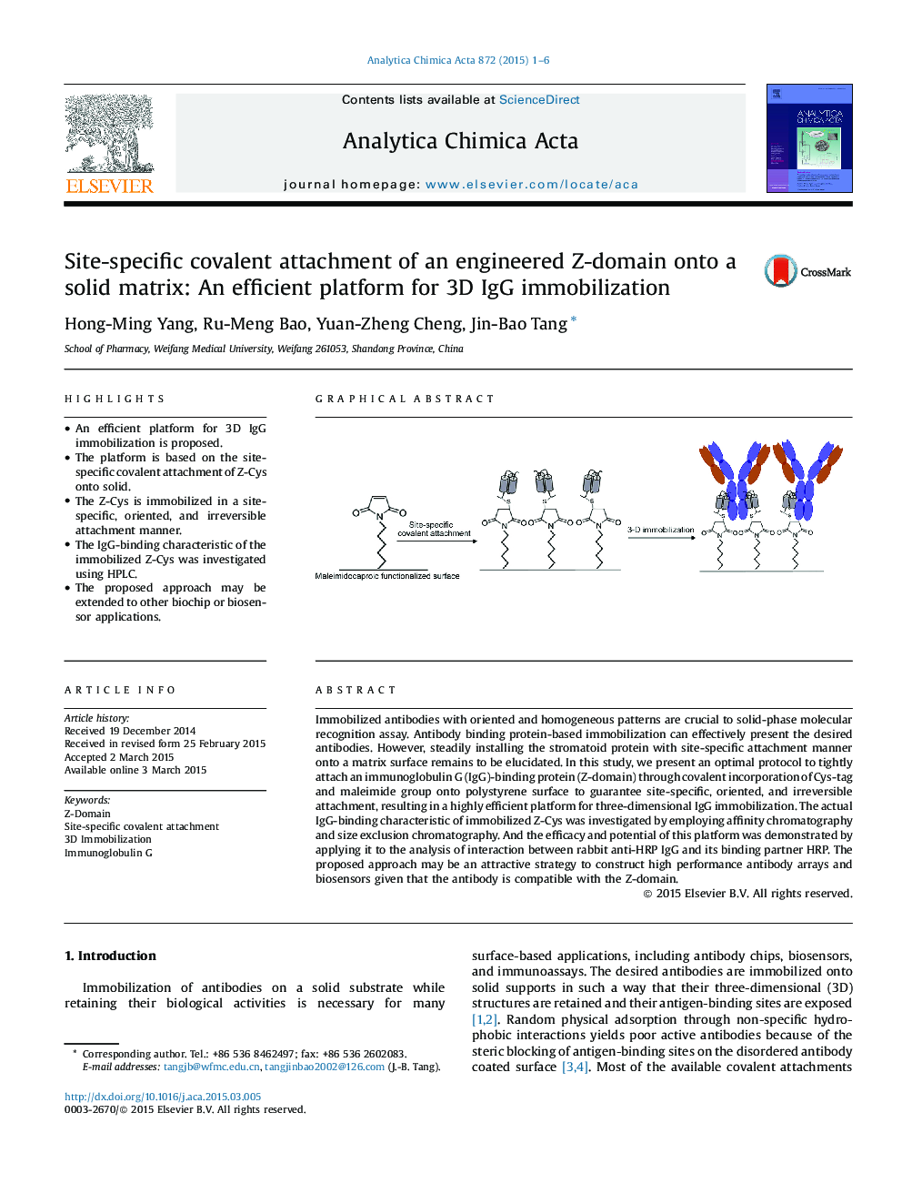 Site-specific covalent attachment of an engineered Z-domain onto a solid matrix: An efficient platform for 3D IgG immobilization