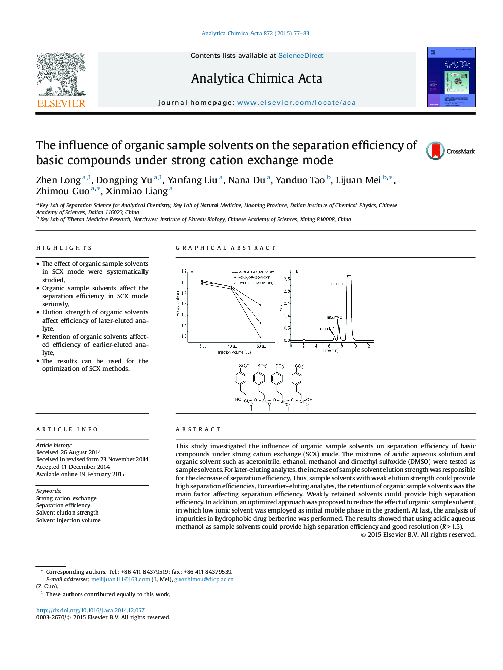 The influence of organic sample solvents on the separation efficiency of basic compounds under strong cation exchange mode