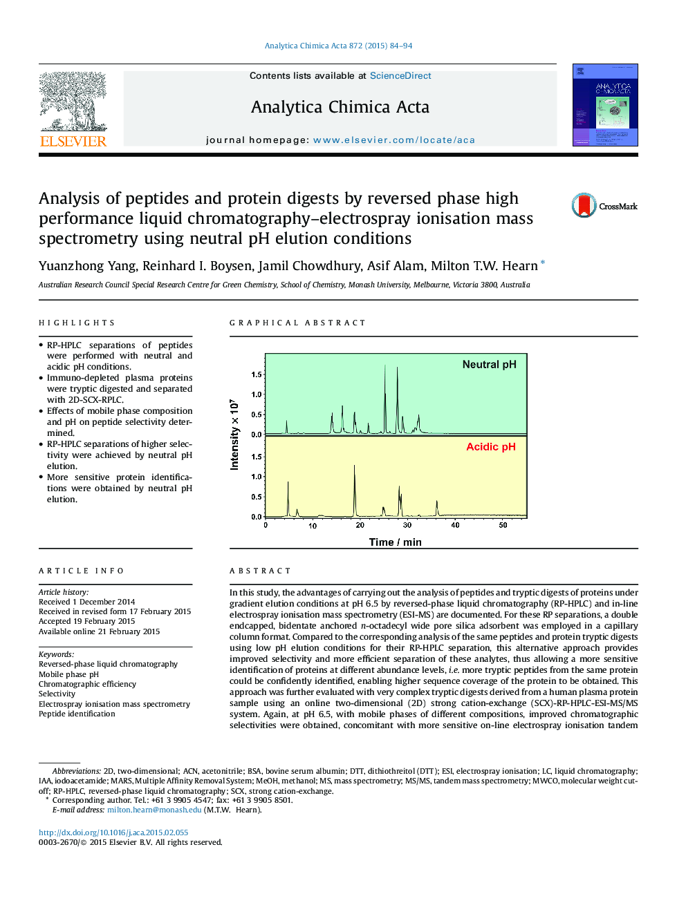 Analysis of peptides and protein digests by reversed phase high performance liquid chromatography–electrospray ionisation mass spectrometry using neutral pH elution conditions