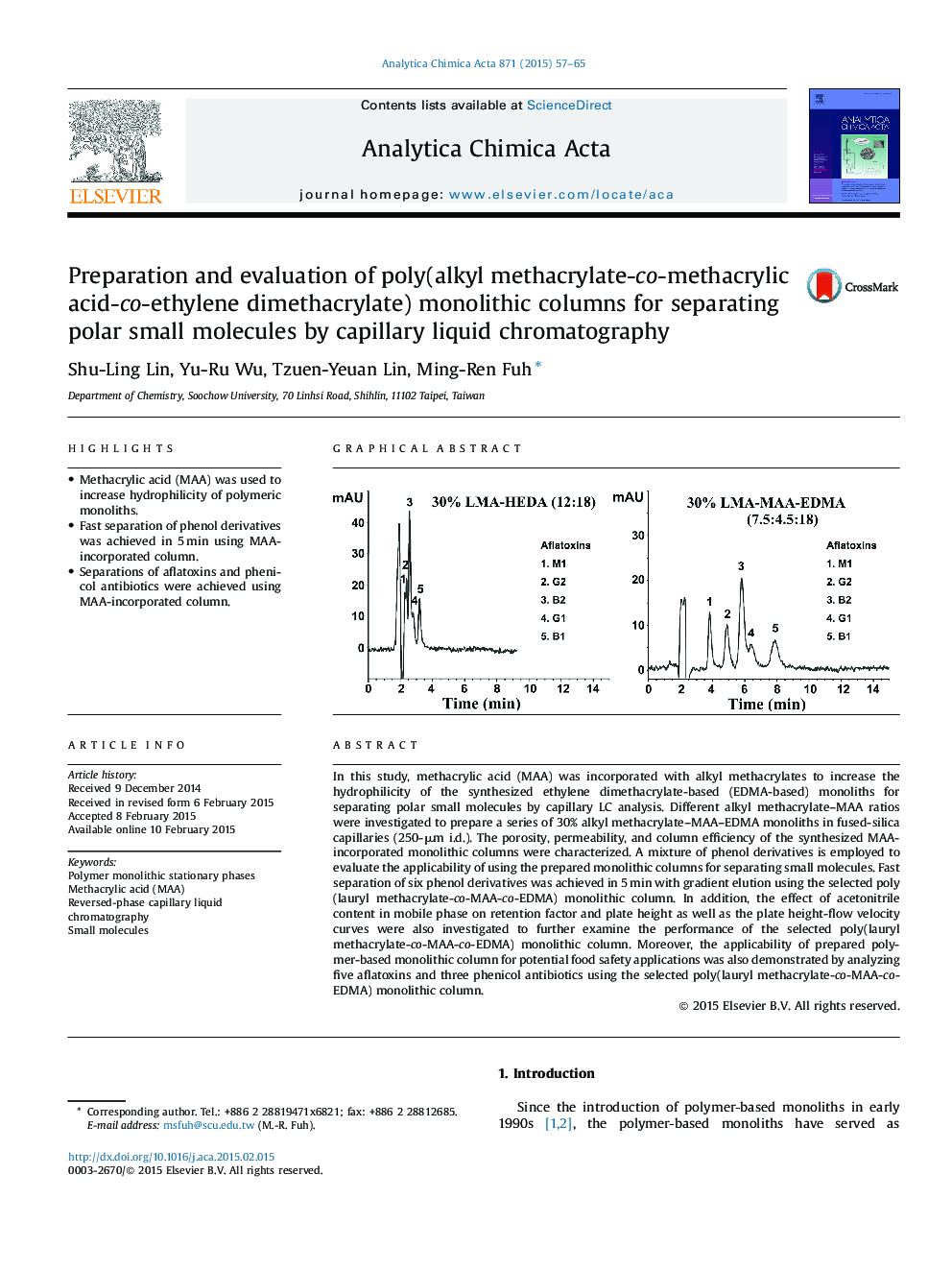Preparation and evaluation of poly(alkyl methacrylate-co-methacrylic acid-co-ethylene dimethacrylate) monolithic columns for separating polar small molecules by capillary liquid chromatography