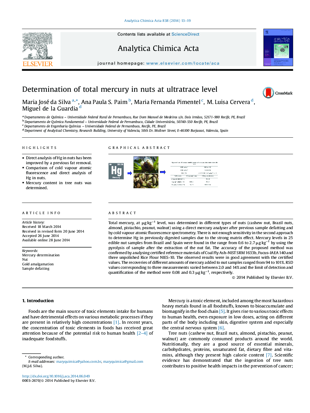 Determination of total mercury in nuts at ultratrace level