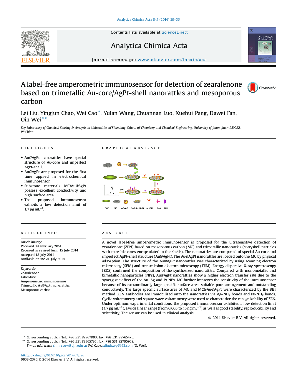 A label-free amperometric immunosensor for detection of zearalenone based on trimetallic Au-core/AgPt-shell nanorattles and mesoporous carbon