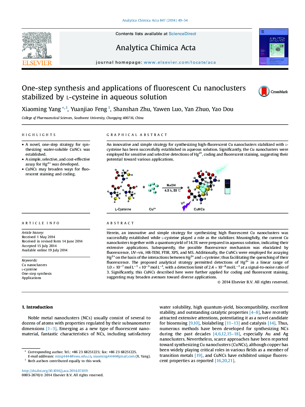 One-step synthesis and applications of fluorescent Cu nanoclusters stabilized by l-cysteine in aqueous solution