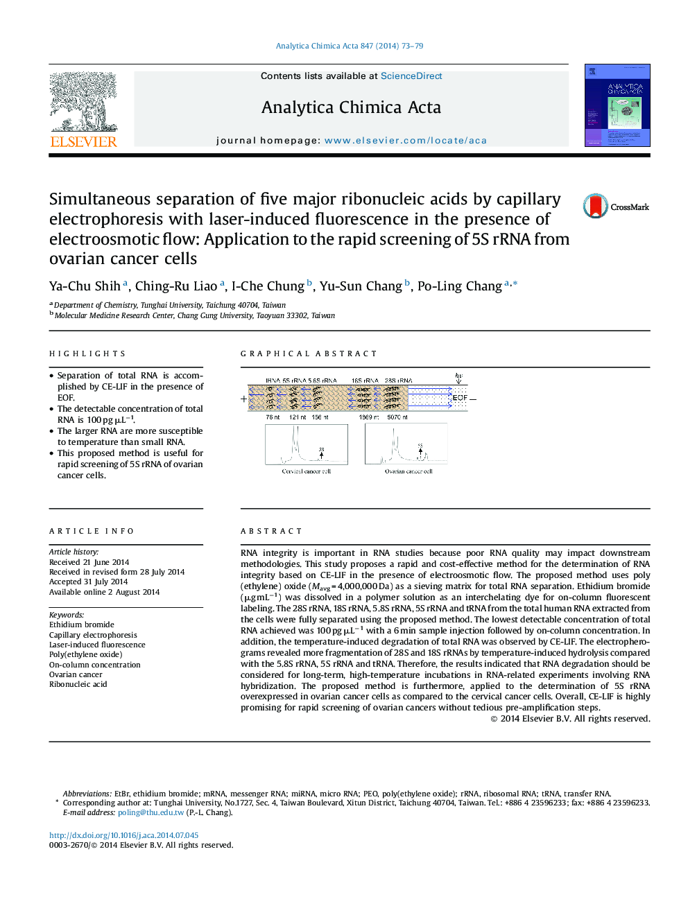 Simultaneous separation of five major ribonucleic acids by capillary electrophoresis with laser-induced fluorescence in the presence of electroosmotic flow: Application to the rapid screening of 5S rRNA from ovarian cancer cells