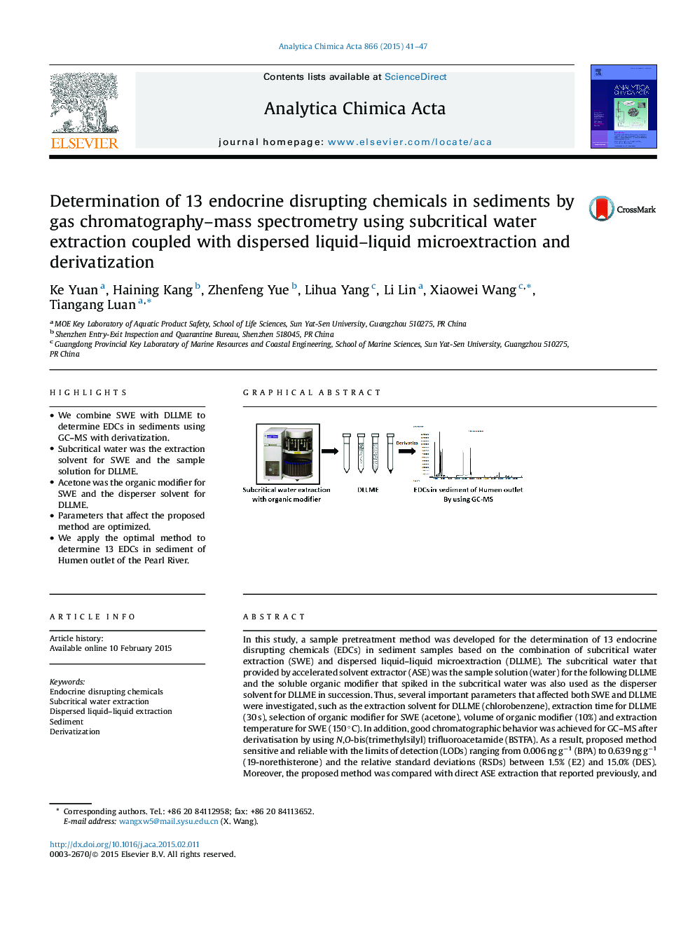 Determination of 13 endocrine disrupting chemicals in sediments by gas chromatography–mass spectrometry using subcritical water extraction coupled with dispersed liquid–liquid microextraction and derivatization