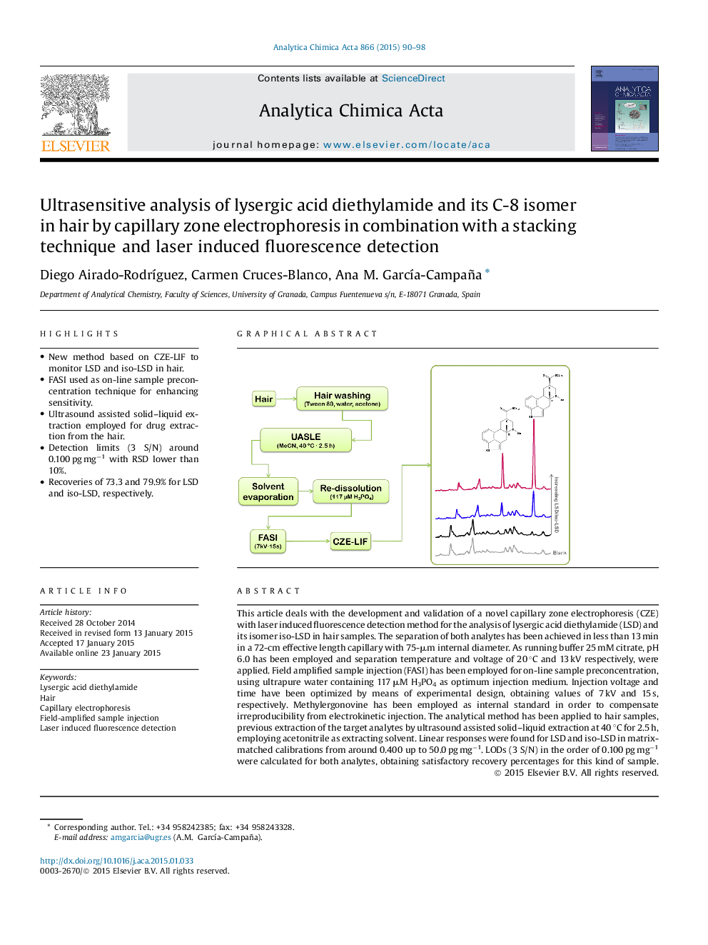 Ultrasensitive analysis of lysergic acid diethylamide and its C-8 isomer in hair by capillary zone electrophoresis in combination with a stacking technique and laser induced fluorescence detection