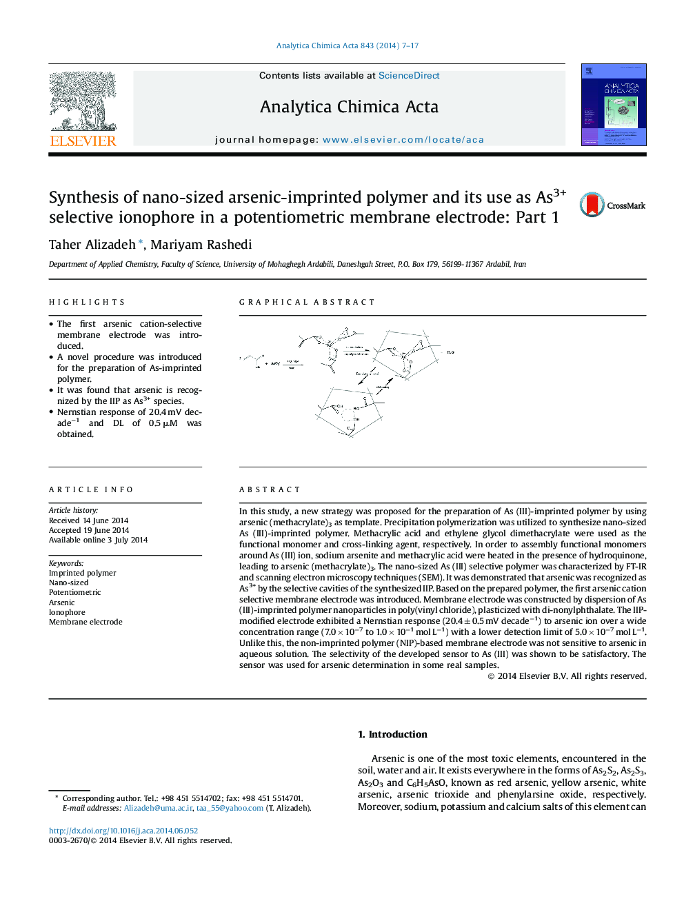 Synthesis of nano-sized arsenic-imprinted polymer and its use as As3+ selective ionophore in a potentiometric membrane electrode: Part 1